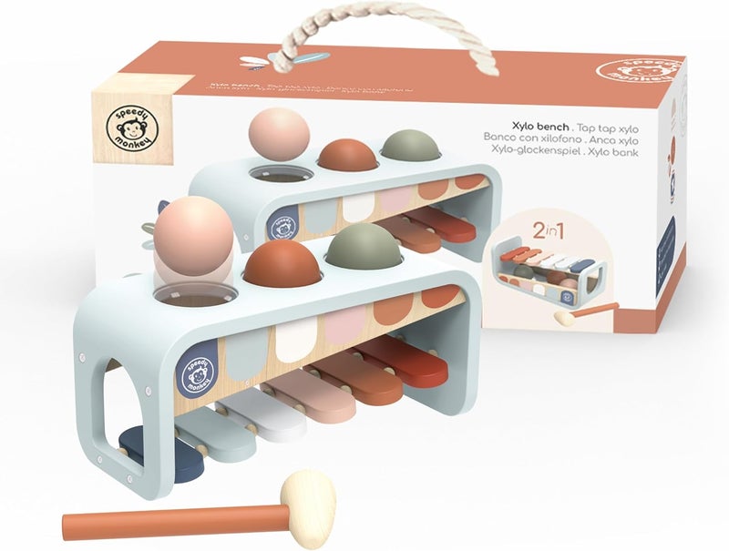 SPEEDY MONKEY Store Tap Tap Xylophone – Vibrant Wooden Xylo Bench with 3 Balls, Hammer Play, Enhances Problem-Solving, and Cognitive Growth | Non-Toxic Finish, Ideal for Kids, Sturdy Learning Toy - Image 1